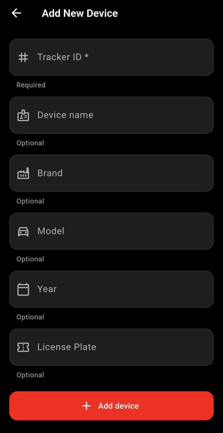 The add-device form, with Tracker ID as the required field