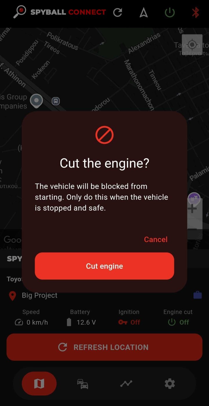 The confirmation shown before cutting the engine from the app