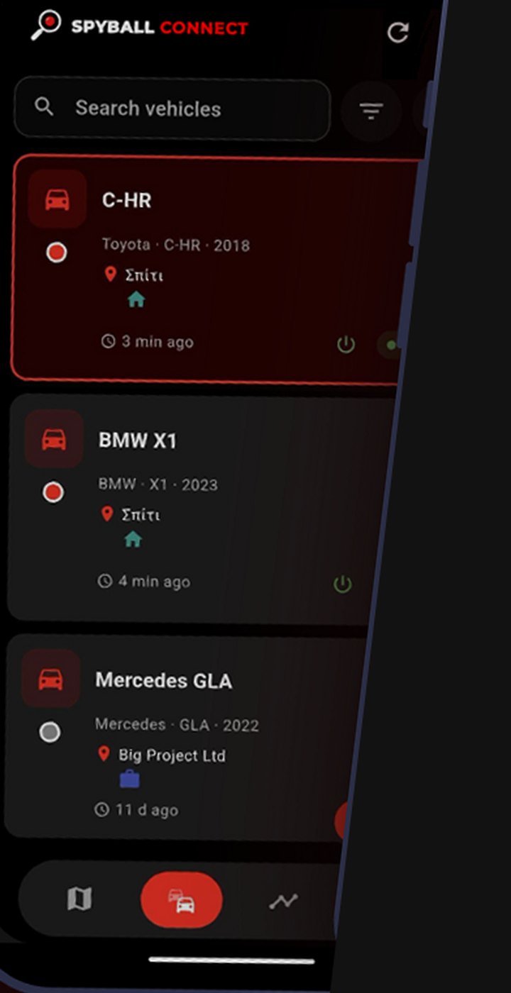The fleet’s vehicle list: every vehicle with its place, status and last update