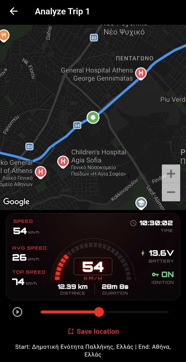 A trip replayed on the map with speed, distance and time