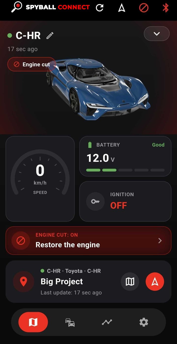 The vehicle screen with the engine cut: the state reported by the vehicle itself, and a Restore the engine button